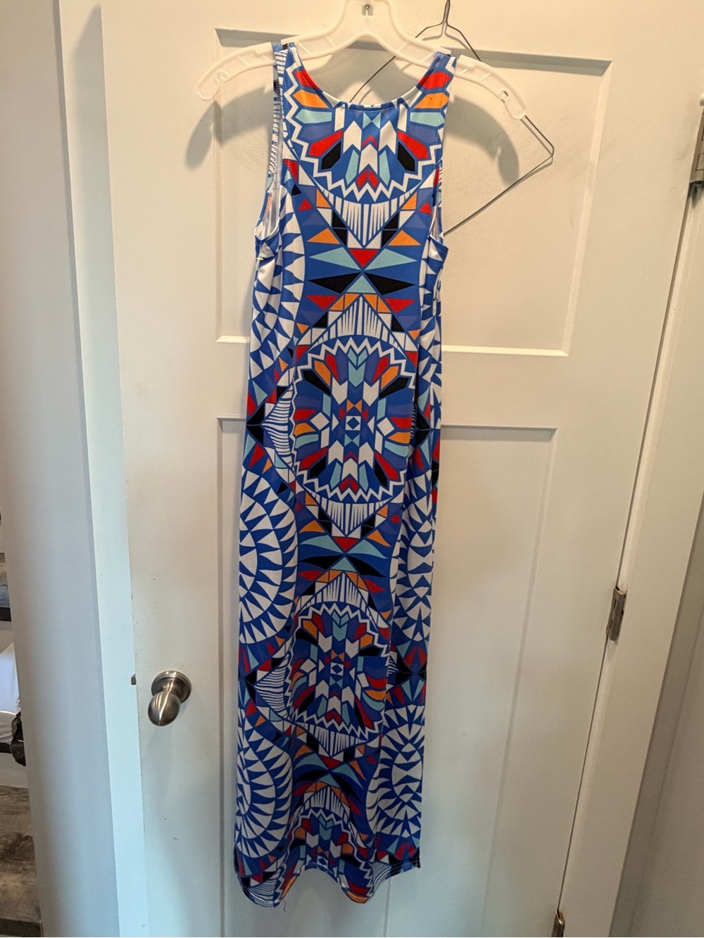 Arden Medium Blue Geometric Tribal Print Sleeveless Maxi Dress